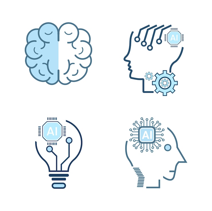 Vector conjunto de iconos técnicos con conceptos esenciales de ia como el aprendizaje automático