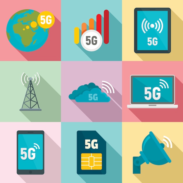 Vector conjunto de iconos de tecnología 5g, estilo plano