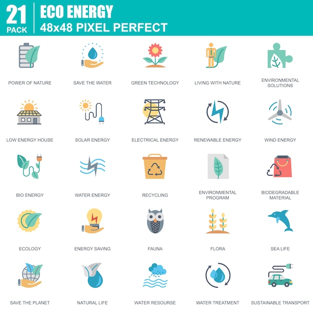 Conjunto de iconos de tecnología de energía renovable de ambiente plano