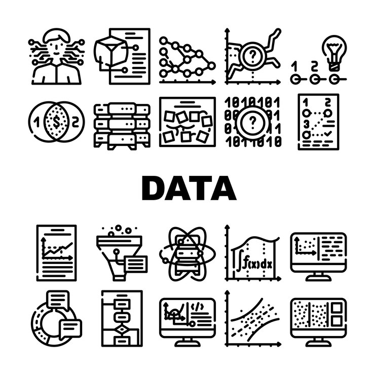 Vector conjunto de iconos de tecnología innovadora de ciencia de datos análisis vectorial e investigación algoritmo de software de ciencia de datos y programación ilustraciones de contorno de servidor y computadora cuántica