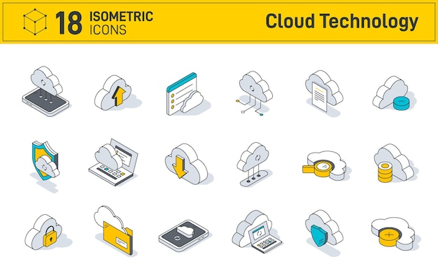 Vector conjunto de iconos de tecnología de nube isométrica aislados en fondo blanco computación nube de computadora