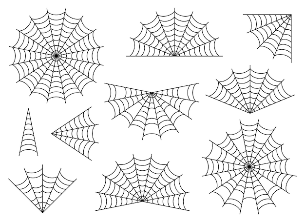 Conjunto de iconos de tela de araña aislado en blanco Ilustración de vector de telaraña de halloween negro