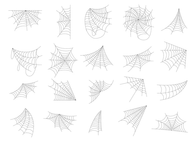 Conjunto de iconos de tela de araña dibujado a mano aislado en blanco Ilustración de vector de telaraña de halloween negro