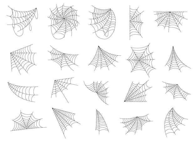 Conjunto de iconos de tela de araña dibujado a mano aislado en blanco Ilustración de vector de telaraña de halloween negro