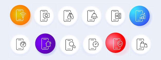 Conjunto de iconos de teléfonos inteligentes Conectes favoritos Compartir lupa Internet velocidad GPS compras en línea Estilo de neomorfismo Icono de línea vectorial para negocios y publicidad
