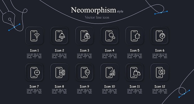 Conjunto de iconos de teléfonos inteligentes Conexión WiFi favoritos gráfico de crecimiento de llamadas de billetera Estilo de neomorfismo Icono de línea vectorial para negocios y publicidad