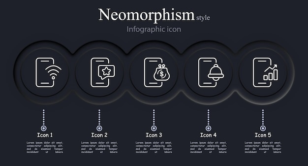 Conjunto de iconos de teléfonos inteligentes Conexión WiFi favoritos gráfico de crecimiento de llamadas de billetera Estilo de neomorfismo Icono de línea vectorial para negocios y publicidad