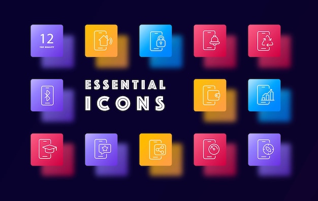 Conjunto de iconos de teléfonos inteligentes varios iconos y funciones de aplicaciones, como llamadas, mensajes, cámara, correo electrónico, juegos de música, concepto de medios sociales, estilo glassmorphism, icono de línea vectorial para negocios y publicidad