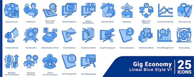 Conjunto de iconos temáticos de 25 Gig Economy de estilo azul