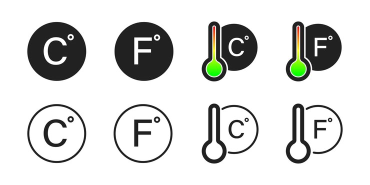 Vector conjunto de iconos de temperatura celsius y fahrenheit termómetro vector de medida alta y baja