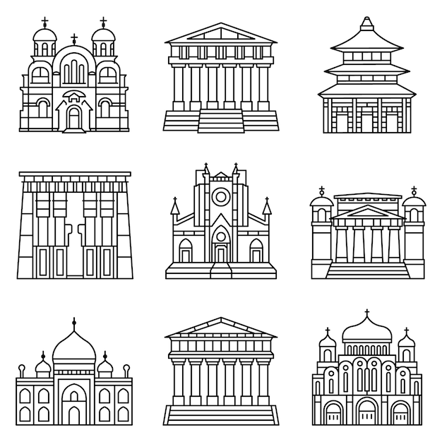 Vector conjunto de iconos del templo conjunto de esquema de iconos de vector de templo