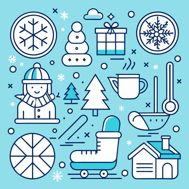 Conjunto de iconos de la temporada de invierno con copo de nieve hombre de nieve regalo bebida caliente termómetro patín de hielo y más