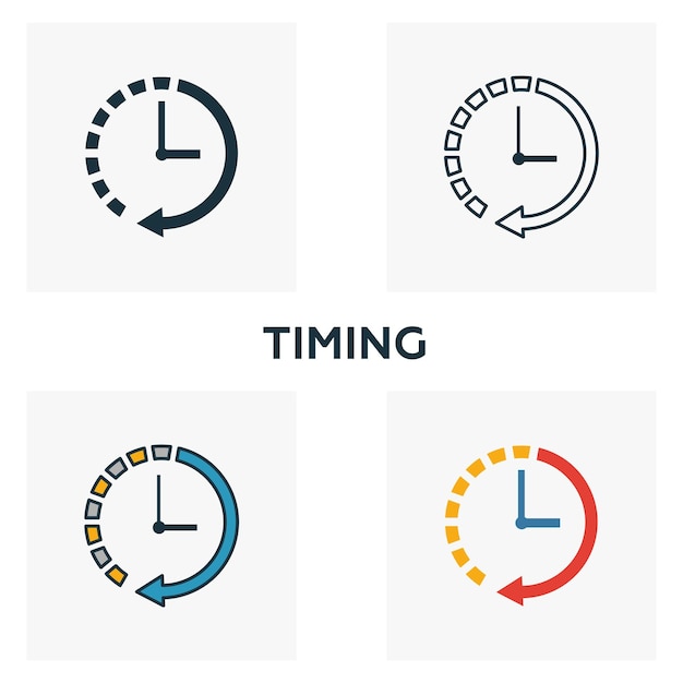 Conjunto de iconos de temporización Cuatro elementos en diferentes estilos de la colección de iconos de negocios Iconos de temporización creativos llenos de contorno coloreado y símbolos planos