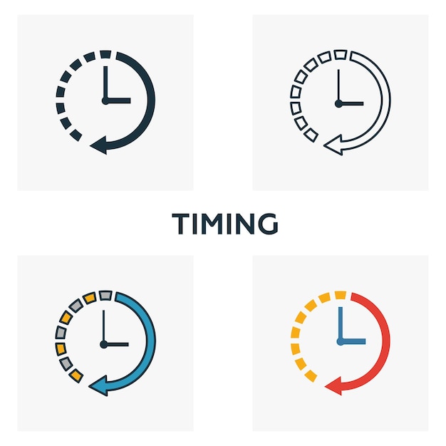 Conjunto de iconos de temporización cuatro elementos en diferentes estilos de la colección de iconos de negocios iconos de temporización creativos llenos de contorno coloreado y símbolos planos