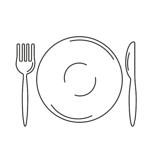 Conjunto de iconos de tenedor y cuchillo de placa Línea de cubiertos para el negocio de restaurantes aislado en backgr blanco