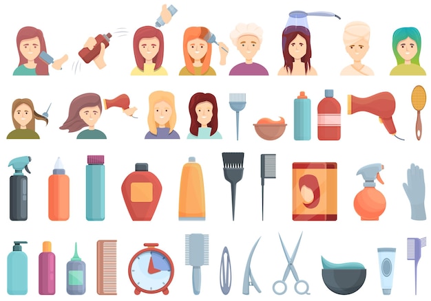 Conjunto de iconos para teñir el cabello. Conjunto de dibujos animados de iconos de vector de coloración de cabello para diseño web