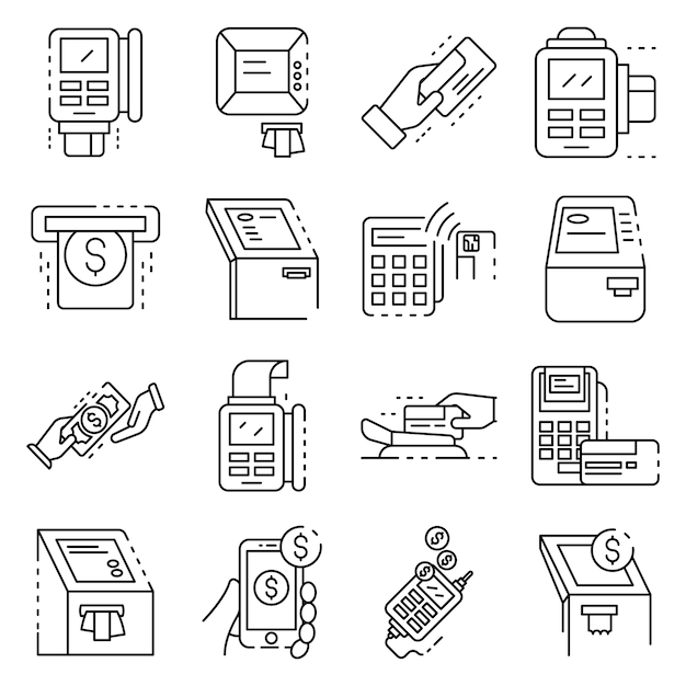 Conjunto de iconos de terminal de banco. esquema conjunto de iconos de vector terminal de banco