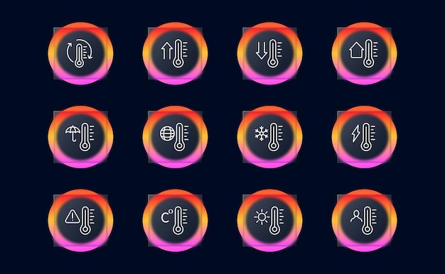 Conjunto de iconos de termómetro Baja temperatura alta protección contra el frío pronóstico del tiempo grados Celsius Concepto meteorológico Fondo de color pastel Icono de línea vectorial para negocios