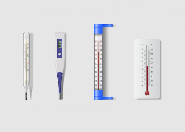 Conjunto de iconos de termómetro realista aislado sobre fondo blanco.