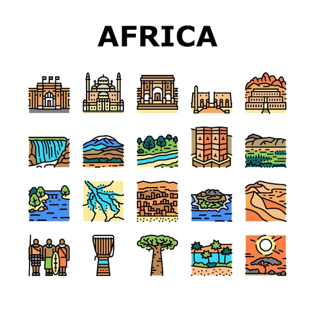 Conjunto de iconos del tesoro de la nación del continente de áfrica vector