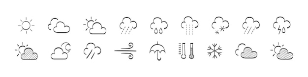 Conjunto de iconos del tiempo dibujados Símbolos de señales de pronóstico del tiempo Señales del tiempo Ilustración vectorial