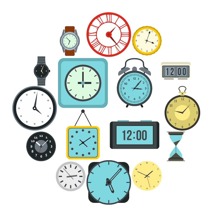 Vector conjunto de iconos de tiempo y reloj, estilo plano