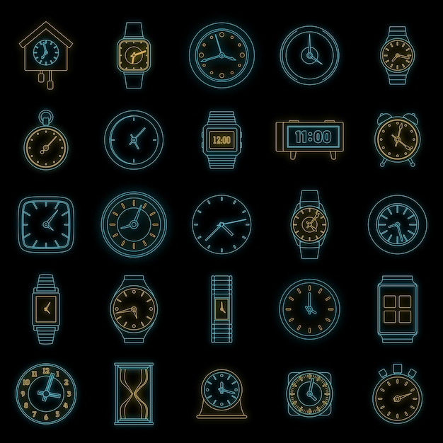 Conjunto de iconos de tiempo y reloj Ilustración general de 25 iconos vectoriales de reloj de tiempo de color neón en negro