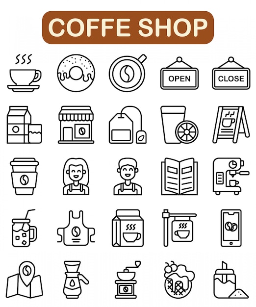 Conjunto de iconos de la tienda de café, estilo de contorno