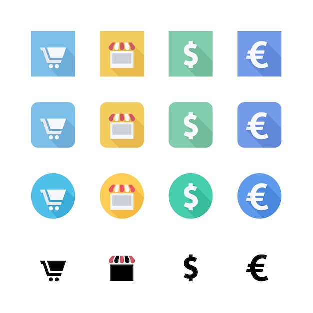 Conjunto de iconos de la tienda del carrito de compras y de la moneda