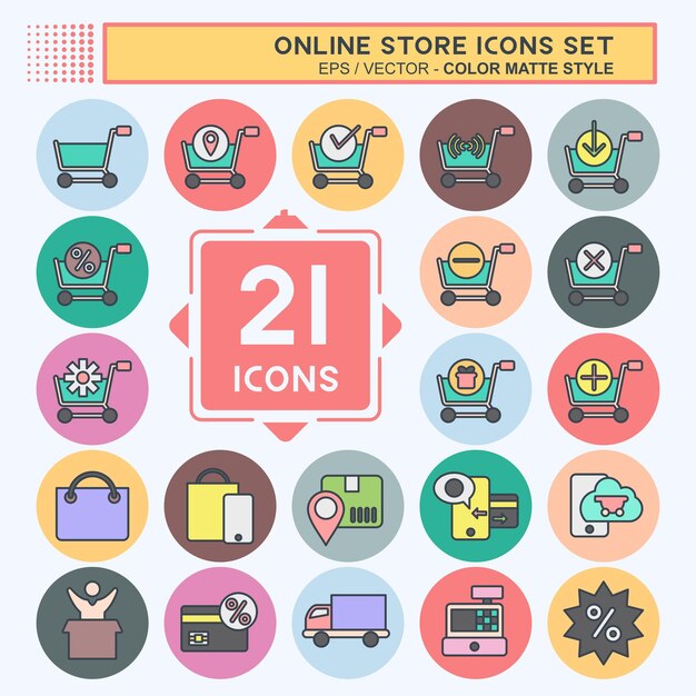 Conjunto de íconos de la tienda en línea relacionada con el diseño de estilo de color mate del símbolo de la tiendas en línea editable
