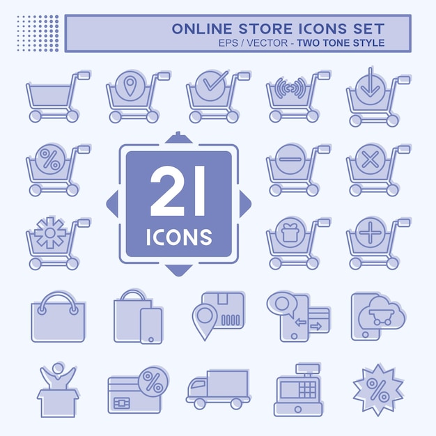 Conjunto de iconos de la tienda en línea relacionados con el símbolo de la tiendas en línea diseño de estilo de dos tonos editable