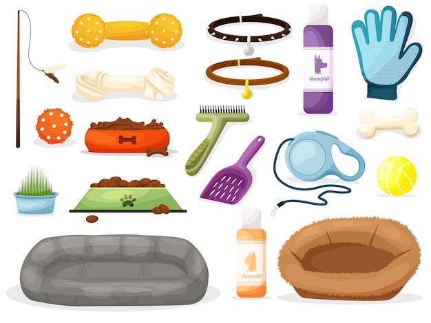 Vector conjunto de iconos de tienda de mascotas, accesorios para perros, ilustración vectorial plana, alimentos para animales, cuidado de juguetes y otros