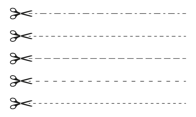 Vector conjunto de iconos de tijeras con líneas punteadas cortar aquí pictograma para cupones, vales, etiquetas, página de papel