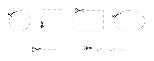 Conjunto de iconos de tijeras con líneas punteadas ruta cortar aquí pictograma para cupones etiquetas de vales
