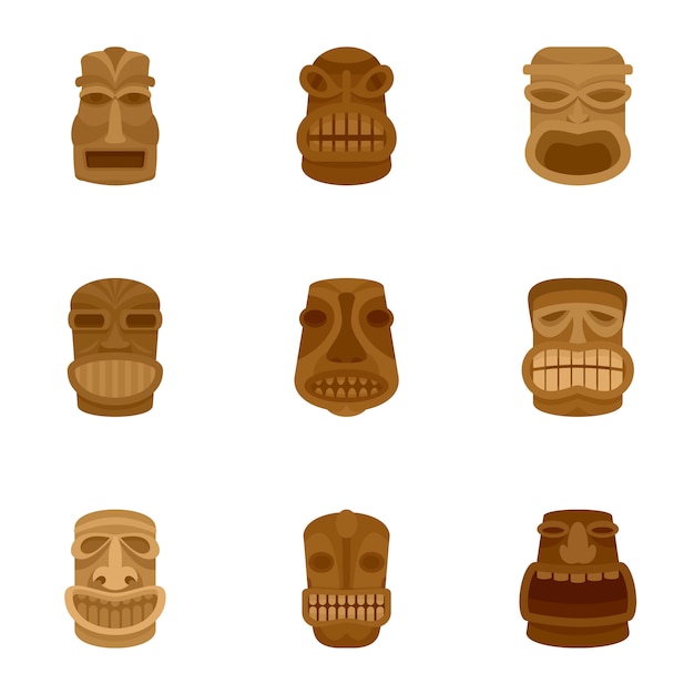 Conjunto de iconos de tiki. conjunto plano de 9 iconos vectoriales tiki