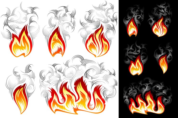 Conjunto de iconos de tinta de color ardiente de llama de chorro de humo de fuego