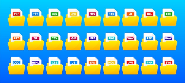 Conjunto de iconos de tipo de archivo Formato y documento de archivos populares Formato y extensión de documentos Conjunto de plantillas gráficas código de archivo del sistema de imagen de audio y video y archivo de documento Ilustración vectorial