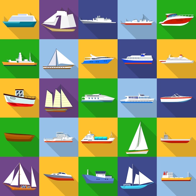 Conjunto de iconos de tipos de buques marinos. Ilustración plana de 25 iconos de tipo de embarcación marina para web