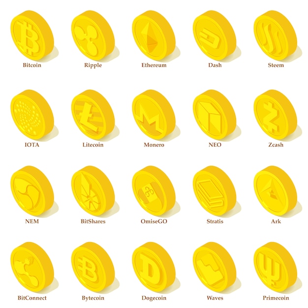 Conjunto de iconos de tipos de criptomoneda. Ilustración isométrica de 25 tipos de criptomonedas iconos vectoriales para web