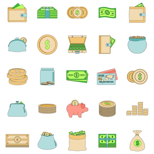Conjunto de iconos de tipos de dinero Ilustración general de 25 tipos de dinero Iconos vectoriales de línea delgada de color plano en blanco