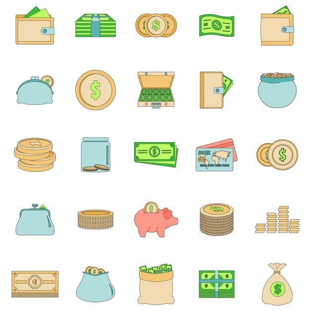 Vector conjunto de iconos de tipos de dinero ilustración general de 25 tipos de dinero iconos vectoriales de línea delgada de color plano en blanco