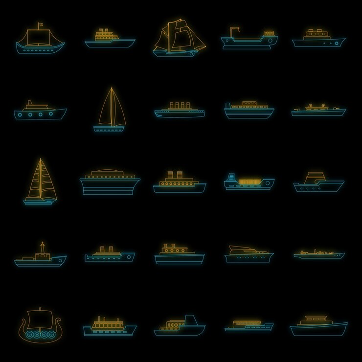 Vector conjunto de iconos de tipos de embarcaciones marítimas ilustración general de 25 iconos vectoriales de tipos de embarcaciones marítimas color neón en negro