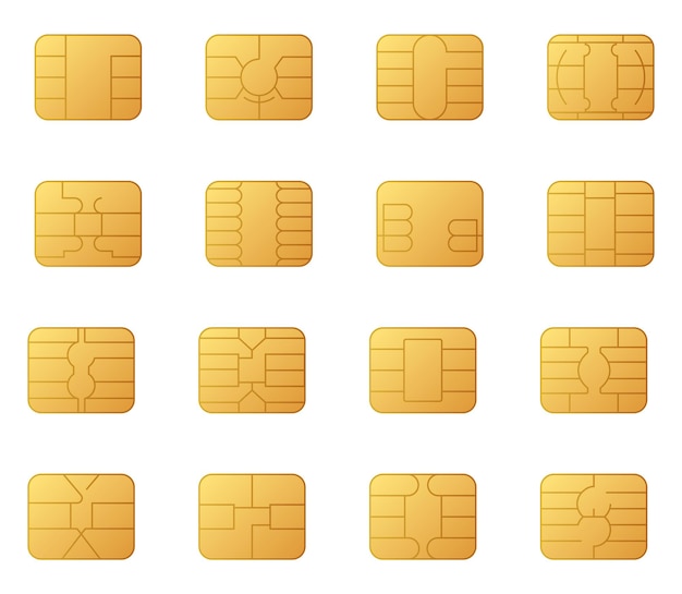 Conjunto de iconos de tipos de tarjeta Sim aislado Comunicación inalámbrica celular inteligente gsm chip electrónica y diseño de microchip de telecomunicaciones en blanco Tecnología móvil vectorial
