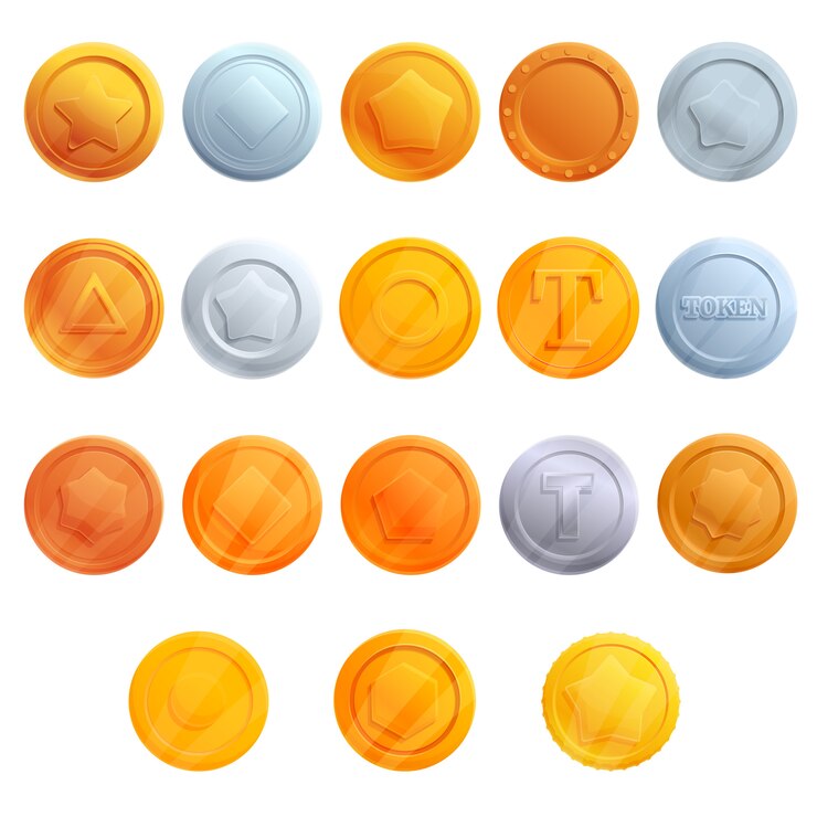 Vector conjunto de iconos de tokens, estilo de dibujos animados