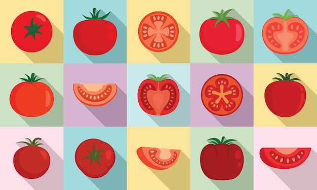 Vector conjunto de iconos de tomate, estilo plano