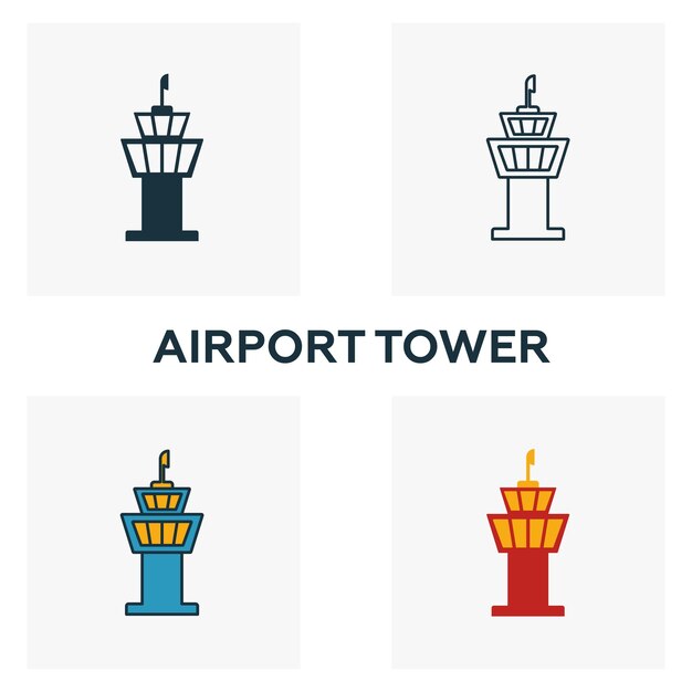 Conjunto de iconos de la torre del aeropuerto Cuatro elementos en diferentes estilos de la colección de iconos del aeropuerto Iconos creativos de la torre del aeropuerto rellenos de contorno coloreado y símbolos planos