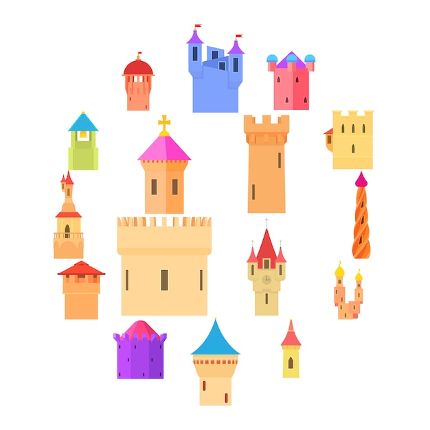 Conjunto de iconos de la torre del castillo color, estilo de dibujos animados