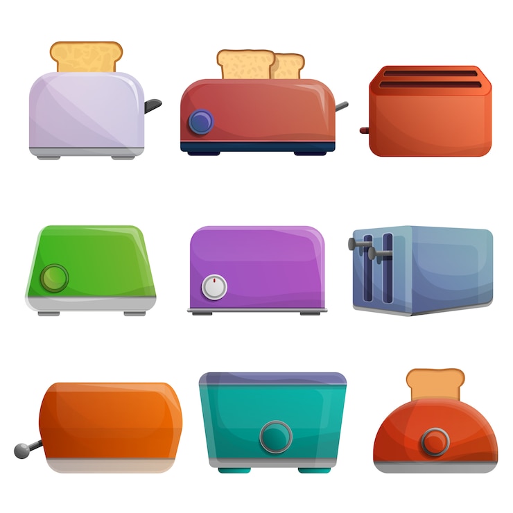 Vector conjunto de iconos de tostadora, estilo de dibujos animados