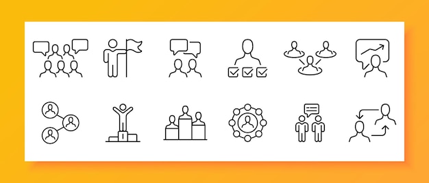 Conjunto de iconos de trabajo cerebral Marca de comprobación de competencia de comunicación Contactos trabajo en grupo Correspondencia gráfico de crecimiento Icono negro sobre un fondo blanco Icono de línea vectorial para negocios y publicidad