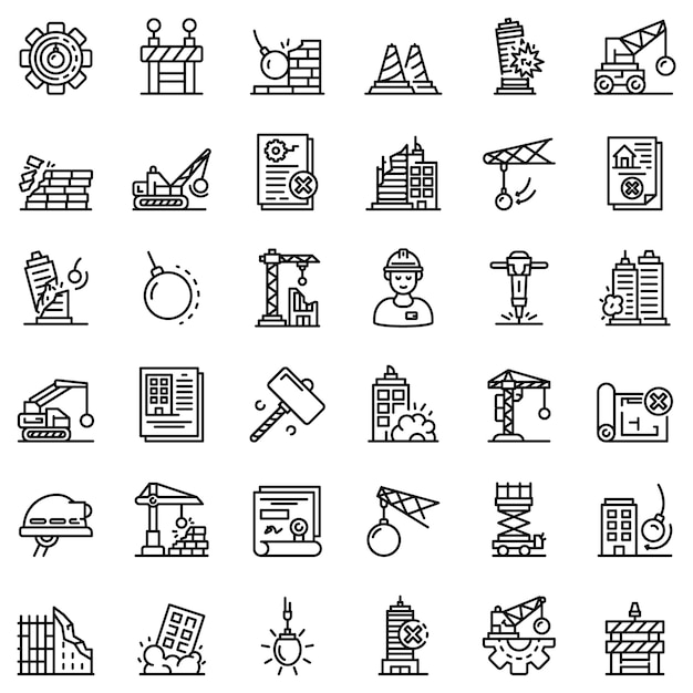 Conjunto de iconos de trabajo de demolición, estilo de contorno